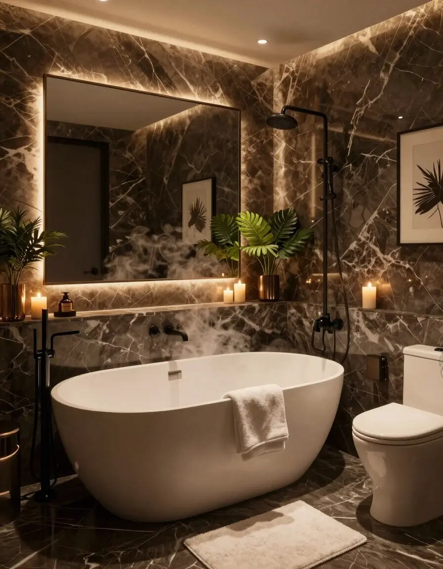 A luxurious modern bathroom with a freestanding tub, wall-mounted sink, and toilet, surrounded by dark marble and warm ambient lighting.