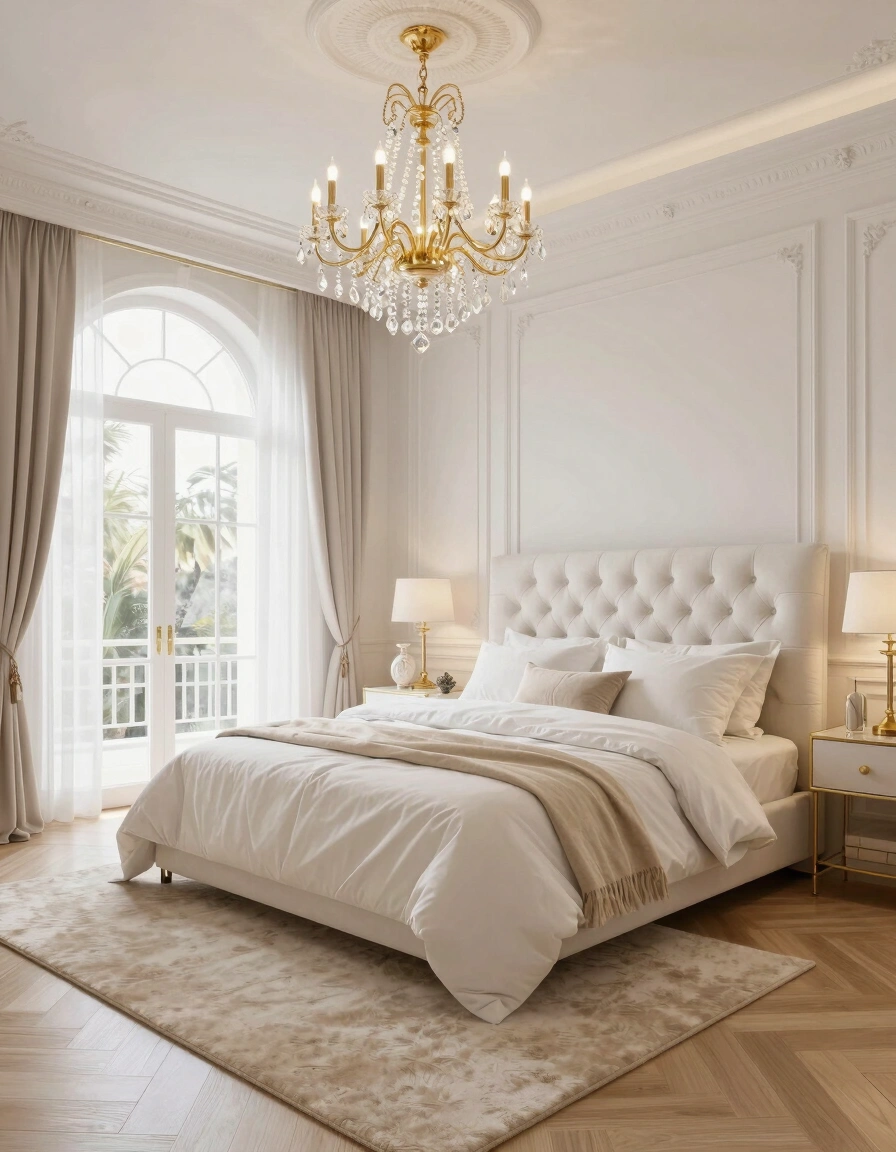 A luxurious bedroom with a large bed, gold chandelier, and arched window, showcasing a blend of modern and classic interior design elements.
