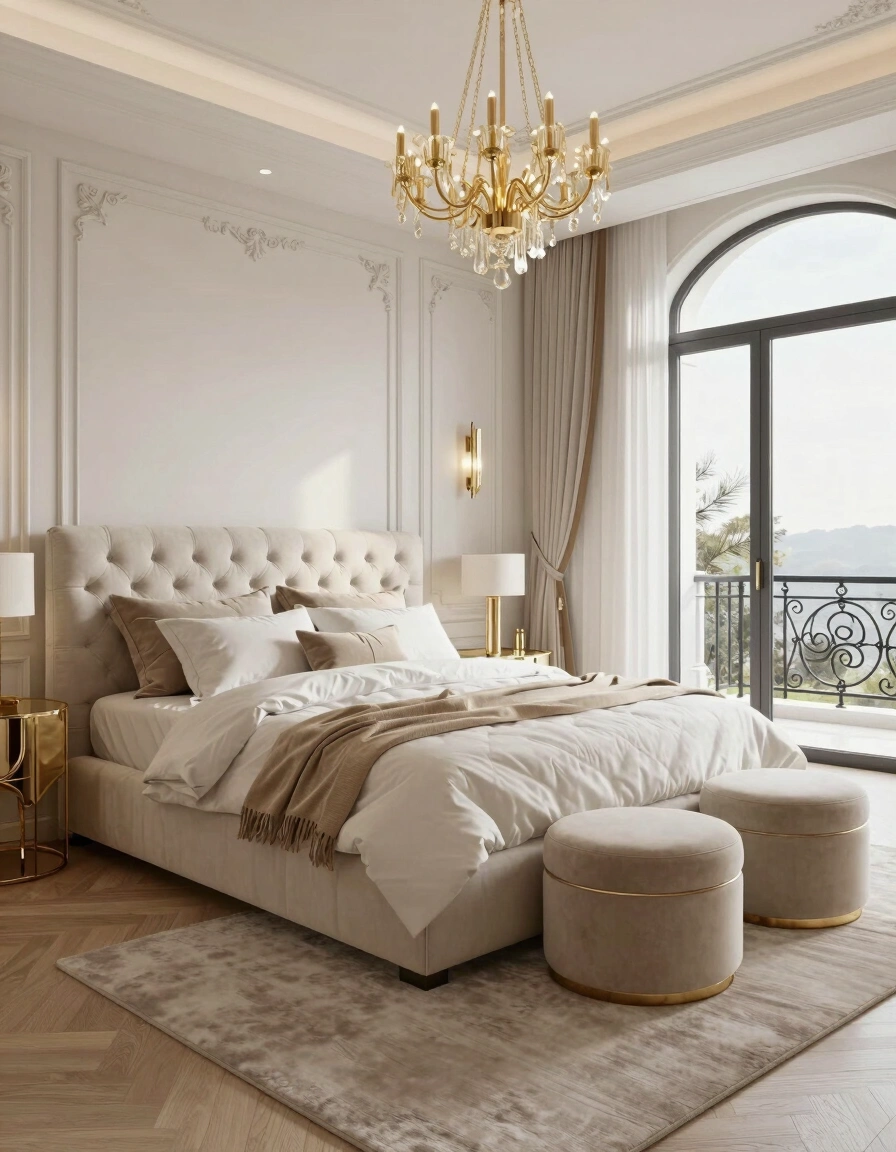 A luxurious bedroom with a tufted bed, gold chandelier, and large arched window.