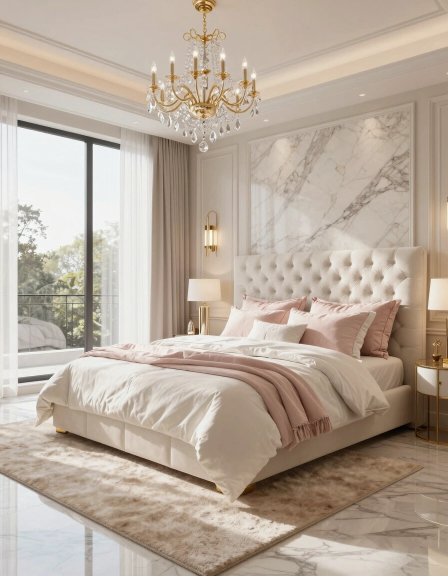 Luxurious bedroom with marble wall, tufted bed headboard, and crystal chandelier