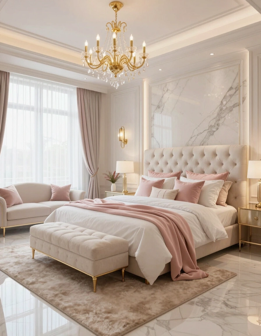 Luxurious bedroom with marble accent wall, tufted bed, and gold chandelier