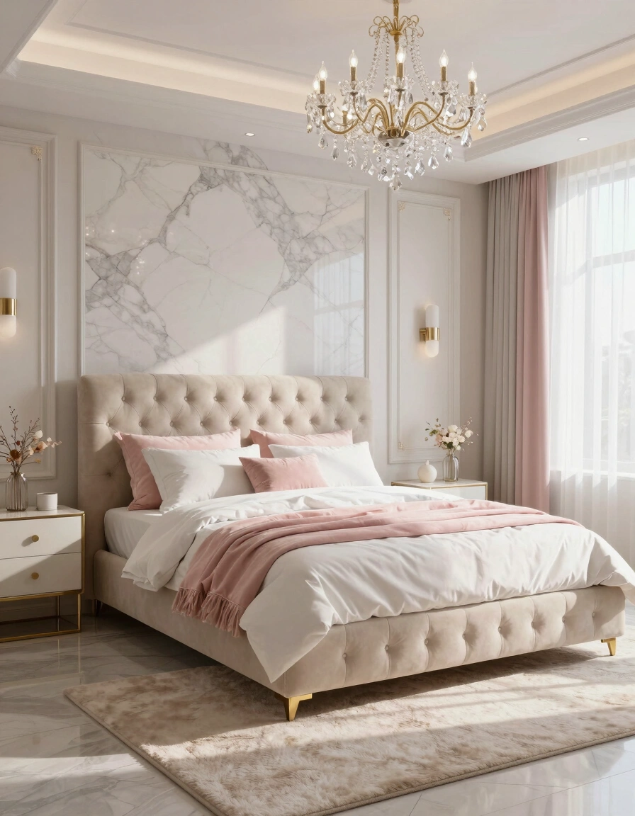 A luxurious bedroom with a beige tufted bed, white and pink bedding, and gold nightstands, set against a marble accent wall and illuminated by natural light and a crystal chandelier.