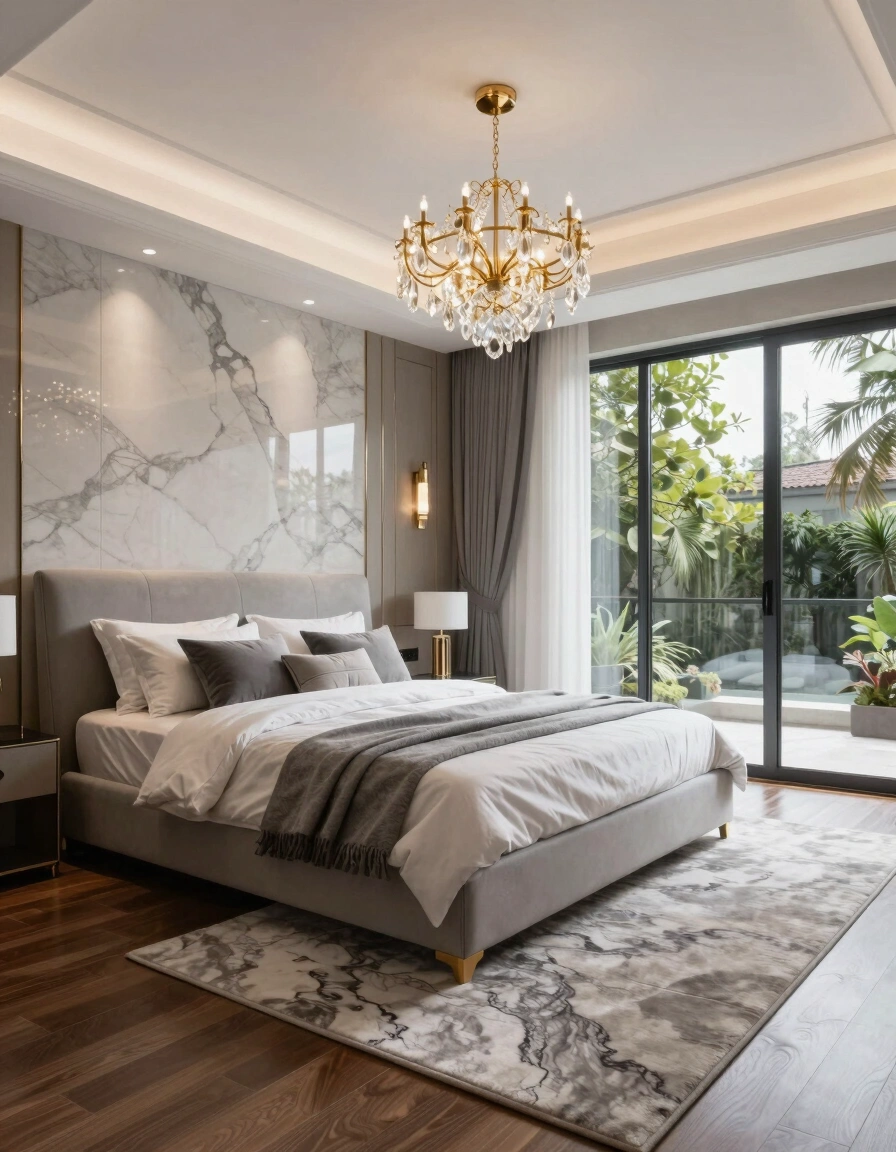 A luxurious modern bedroom with a large bed, marble accent wall, and gold chandelier, connected to a lush outdoor space.