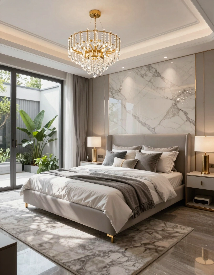 A luxurious bedroom with a gray bed, marble wall, and gold chandelier, offering a serene and sophisticated ambiance.