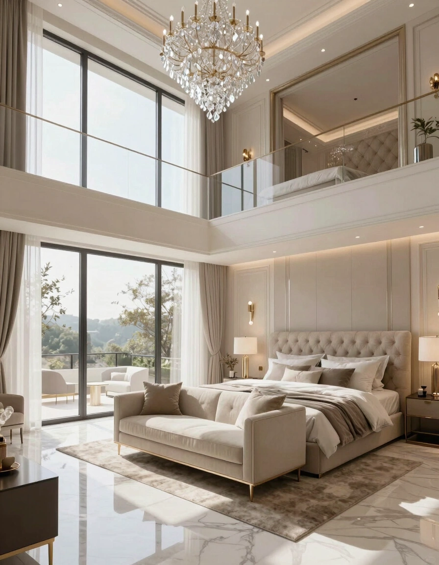 A luxurious bedroom with a high ceiling, large windows, and a mezzanine level, decorated in neutral tones with beige furniture and a crystal chandelier.