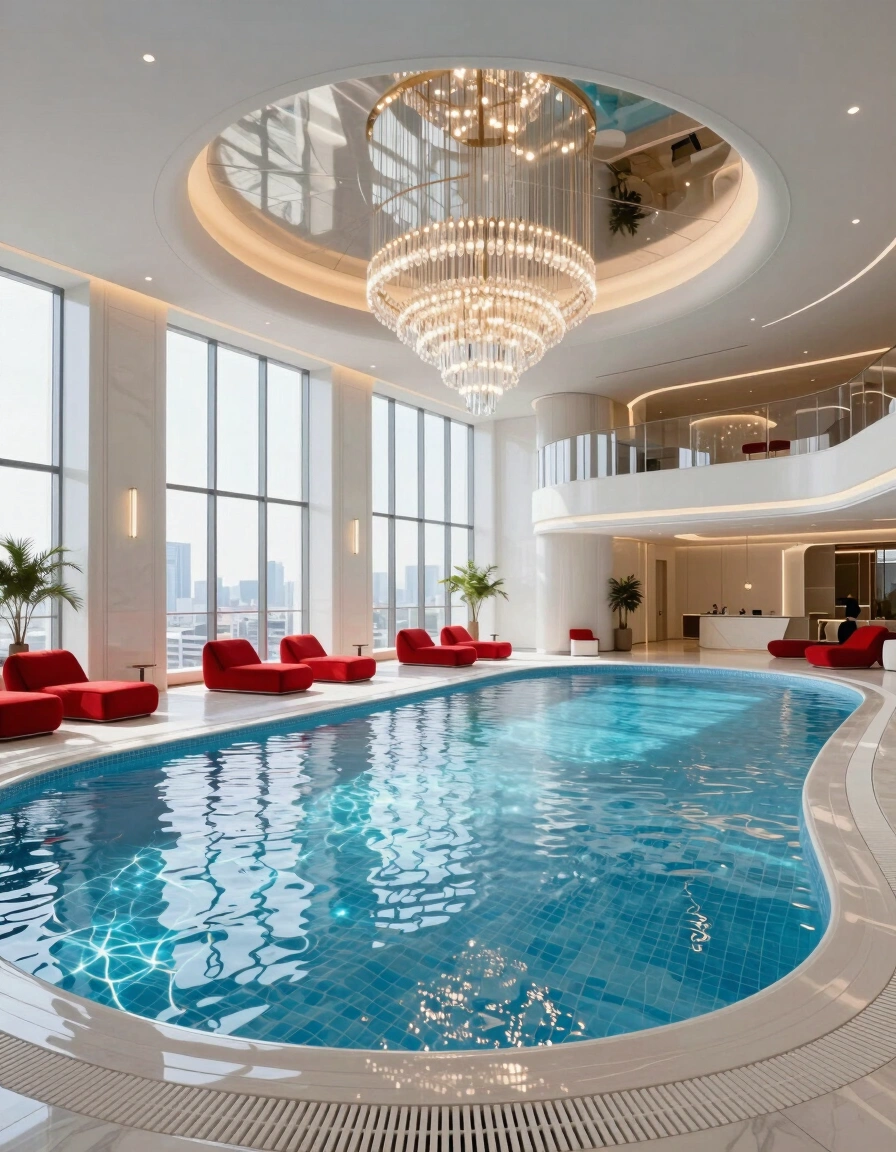 A luxurious indoor pool with a curved design, glowing blue tiles, and red lounge chairs, surrounded by a balcony and large windows overlooking the city.