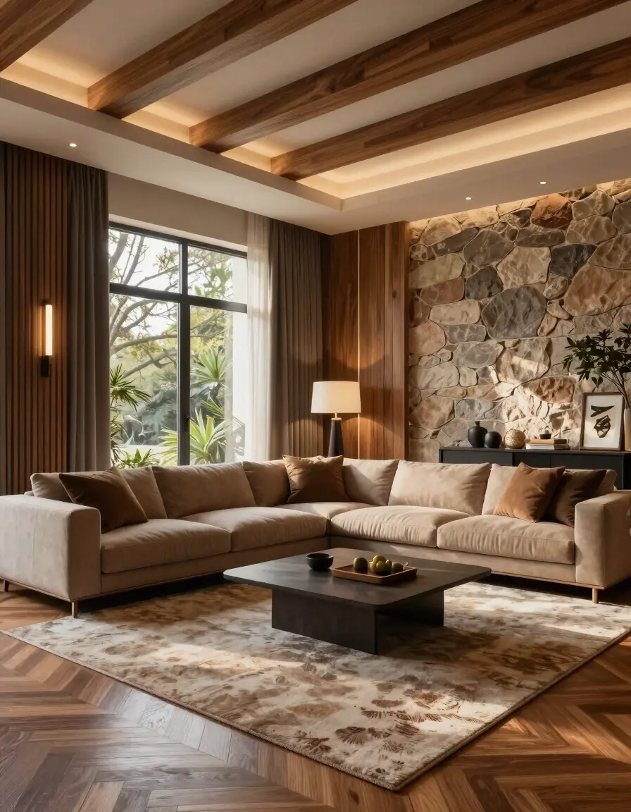 A luxurious living room with a sectional sofa, stone accent wall, and wooden accents, exuding warmth and sophistication.