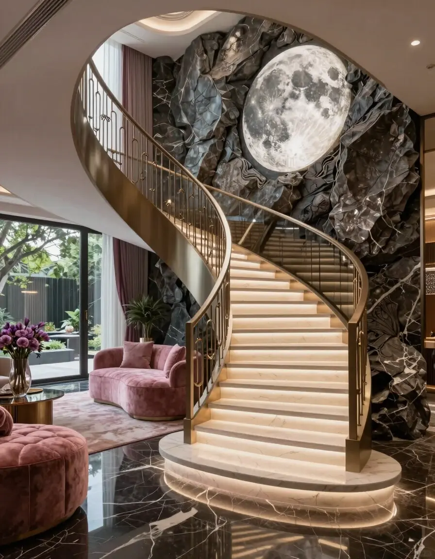A luxurious interior with a grand staircase, illuminated moon on a rocky wall, and sophisticated decor.