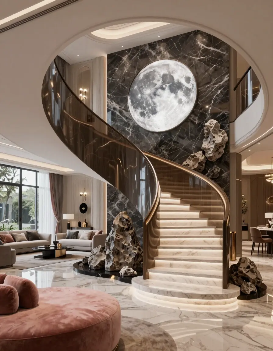 Luxurious interior with grand staircase, moon image on dark marble wall, and pink ottoman in foreground.