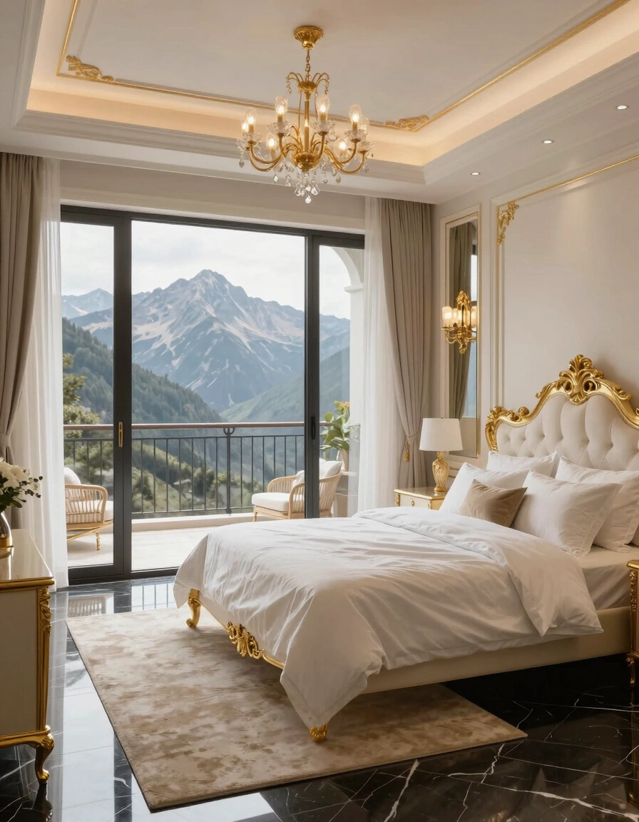 A luxurious bedroom with a gold bed frame, white linens, and a mountain view