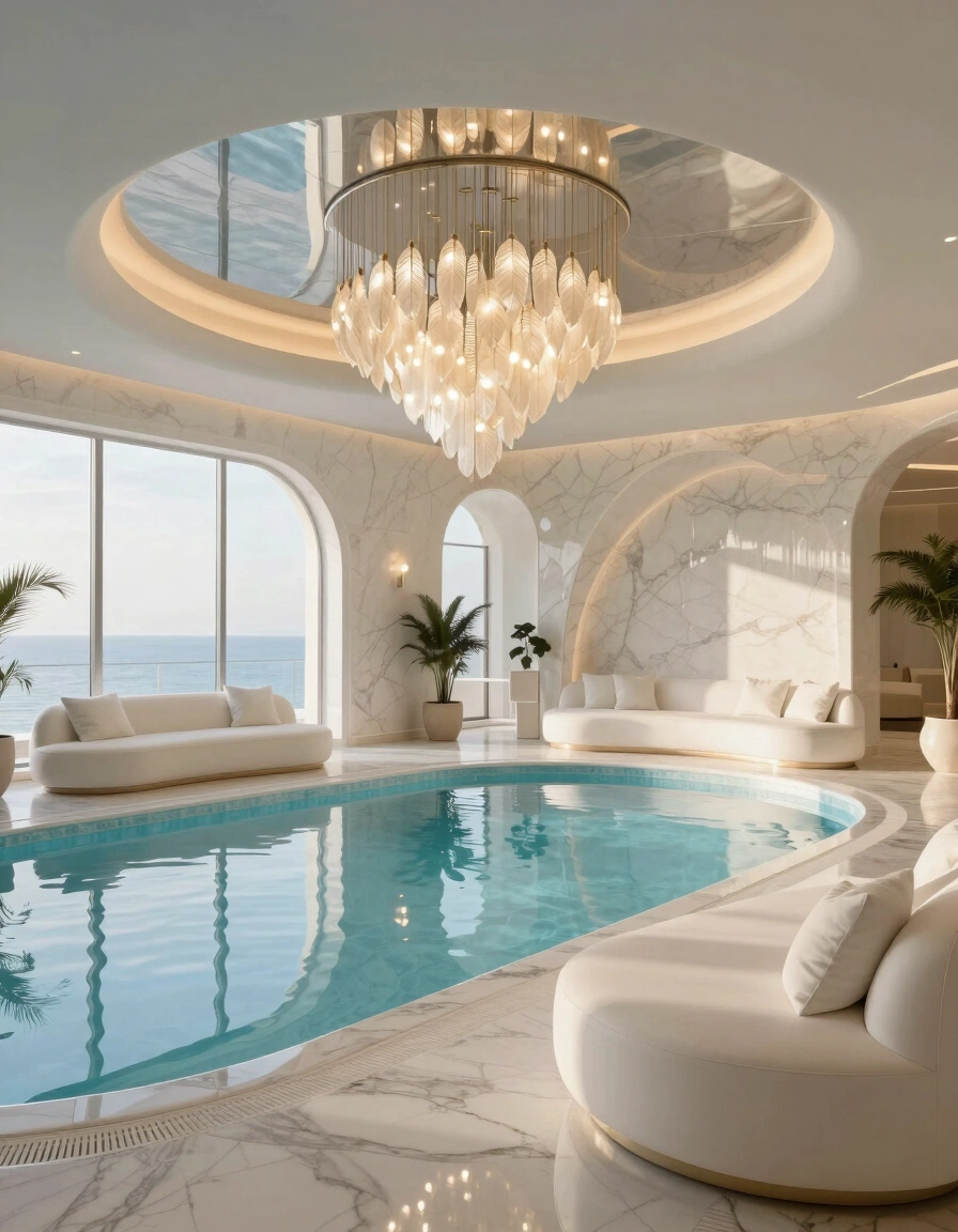 A luxurious indoor pool with white couches and a unique chandelier, surrounded by marble and large ocean-view windows.