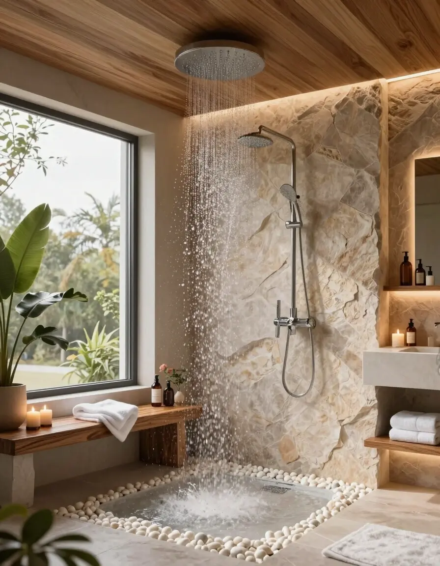 A luxurious bathroom with a rainfall showerhead and natural stone walls