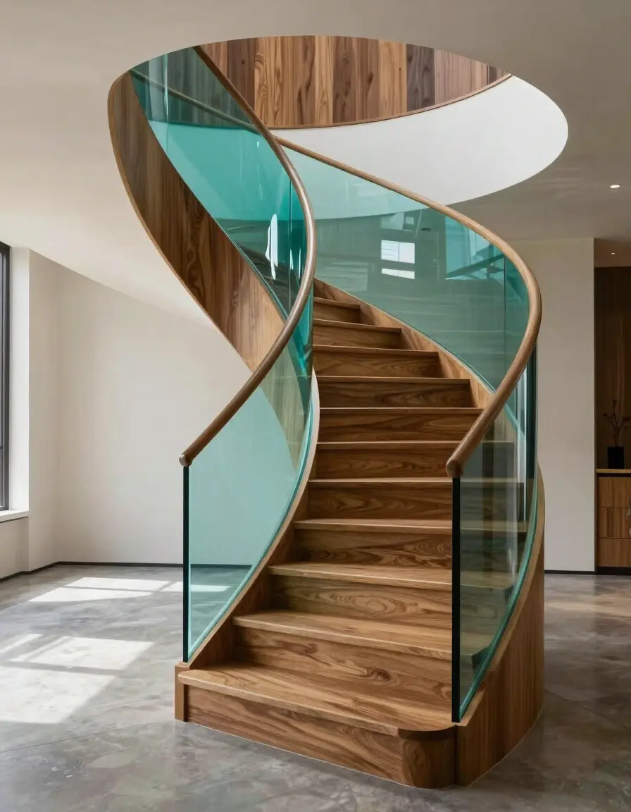 A modern staircase with wooden steps and a teal glass structure in a luxurious interior setting.