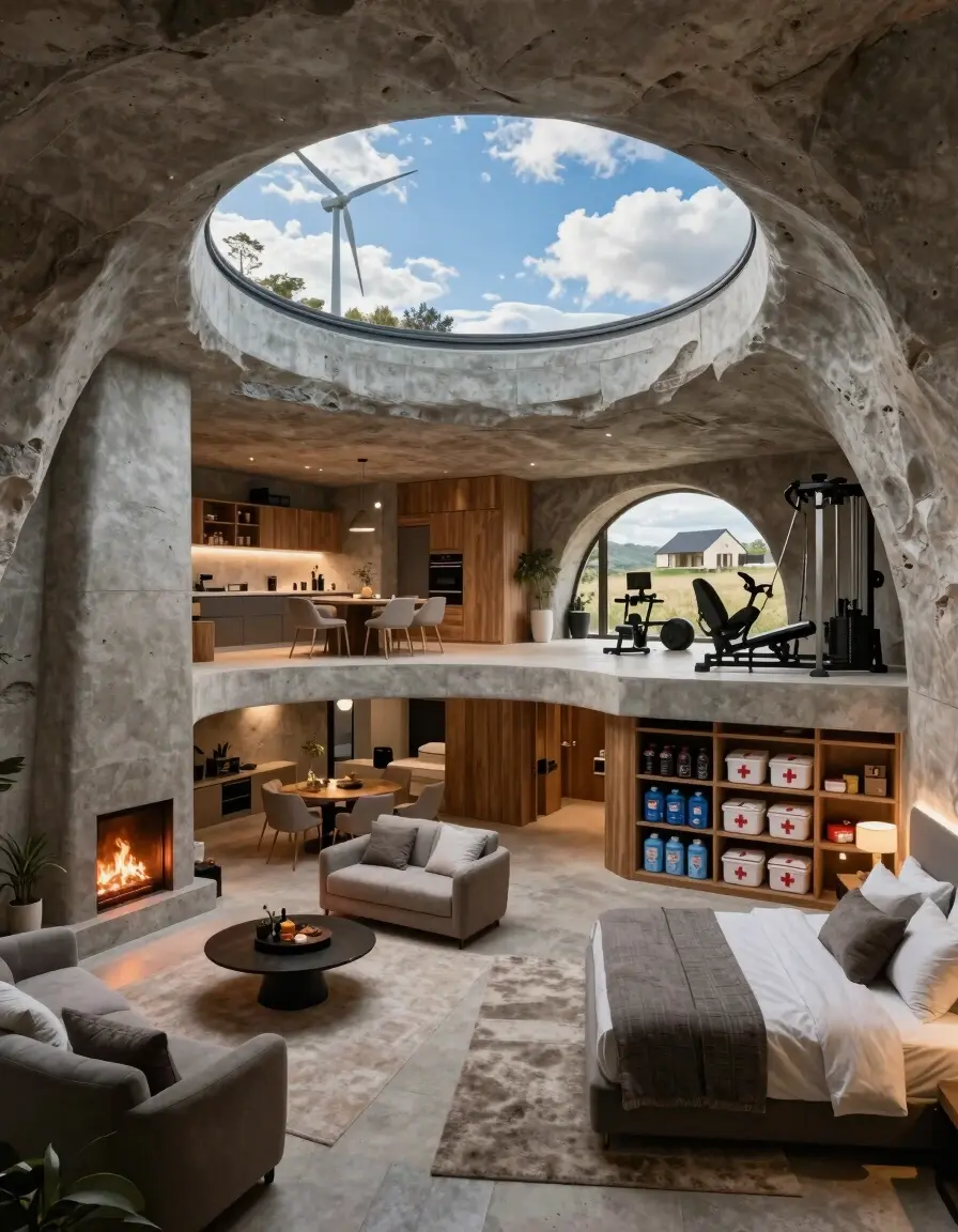 A detailed cross-section of an underground bunker, showcasing its various levels and luxurious interior design elements.