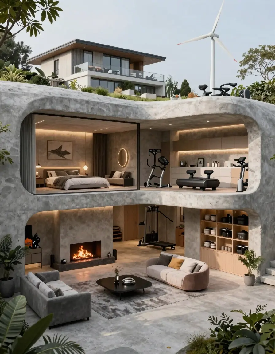 A luxurious underground bunker with multiple levels, featuring a living room, kitchen, bedroom, home gym, and storage room, all made of concrete and equipped with modern furniture and appliances.