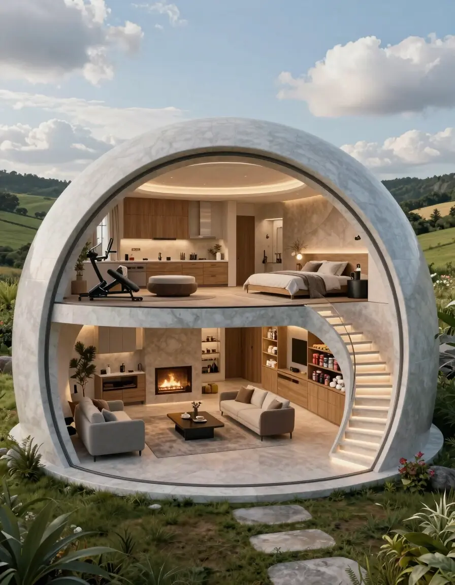 A luxurious underground bunker interior with a modern minimalist design, featuring a living room, kitchen, bedrooms, home gym, and storage room.