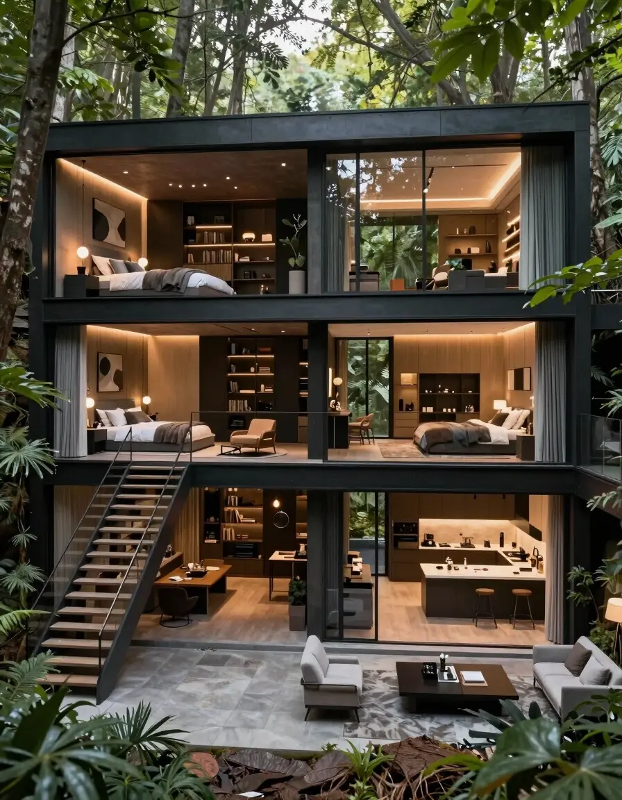 A futuristic, underground home with multiple levels and modern decor, surrounded by a dense forest.