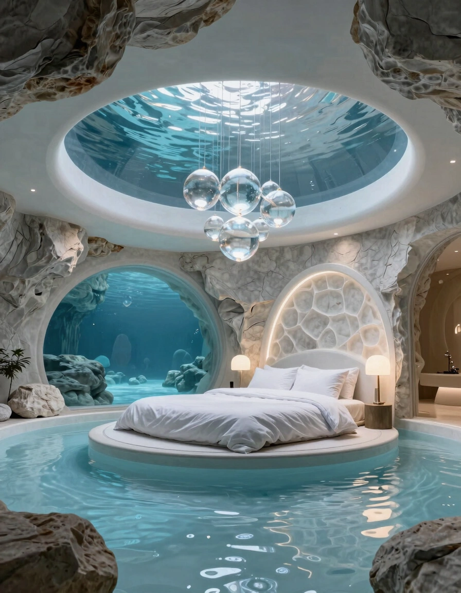 Futuristic bedroom with circular bed, water pool, and dome-shaped ceiling, surrounded by natural rock formations and illuminated by a stunning chandelier.