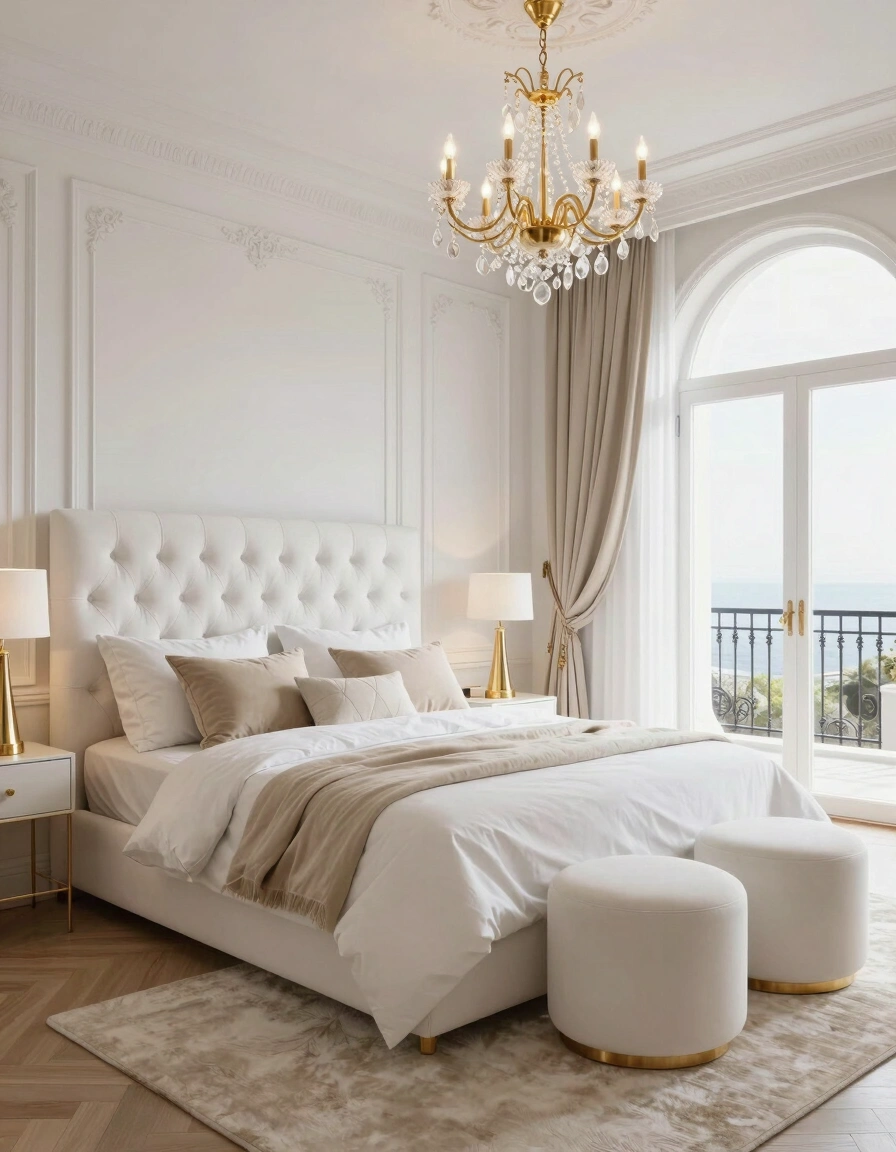 Luxurious bedroom with white bed, gold chandelier, and arched windows
