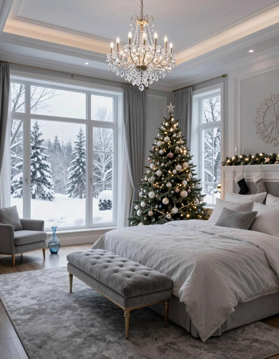 A luxurious bedroom with a large bed, tufted headboard, and gray upholstered bench. The room features a crystal chandelier, large windows with a snowy view, and a decorated Christmas tree beside a white fireplace.