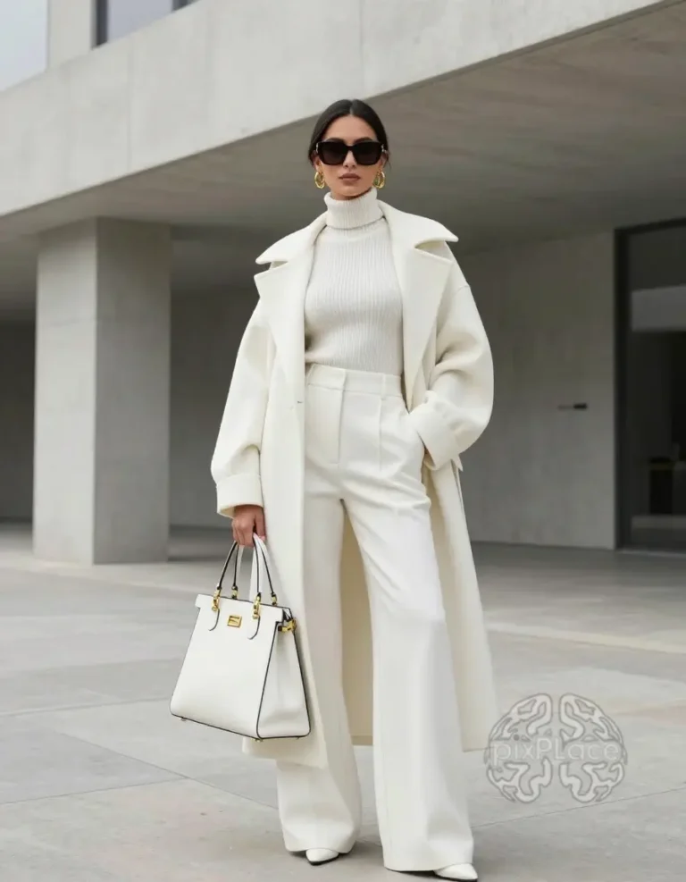 Woman in all-white luxury streetwear standing in front of a modern building
