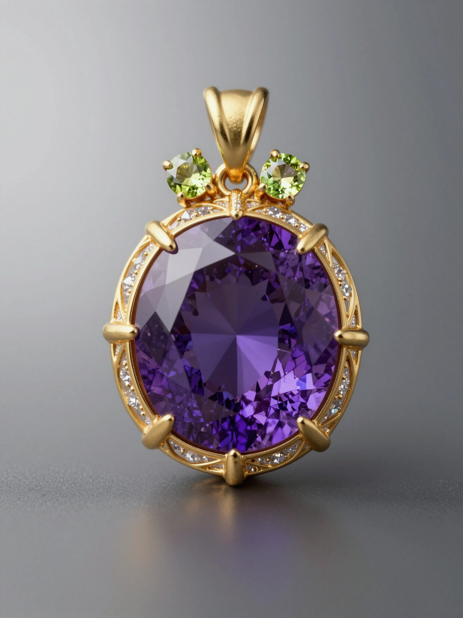 A luxurious pendant featuring a large amethyst gemstone and three small peridot gemstones set in a gold frame