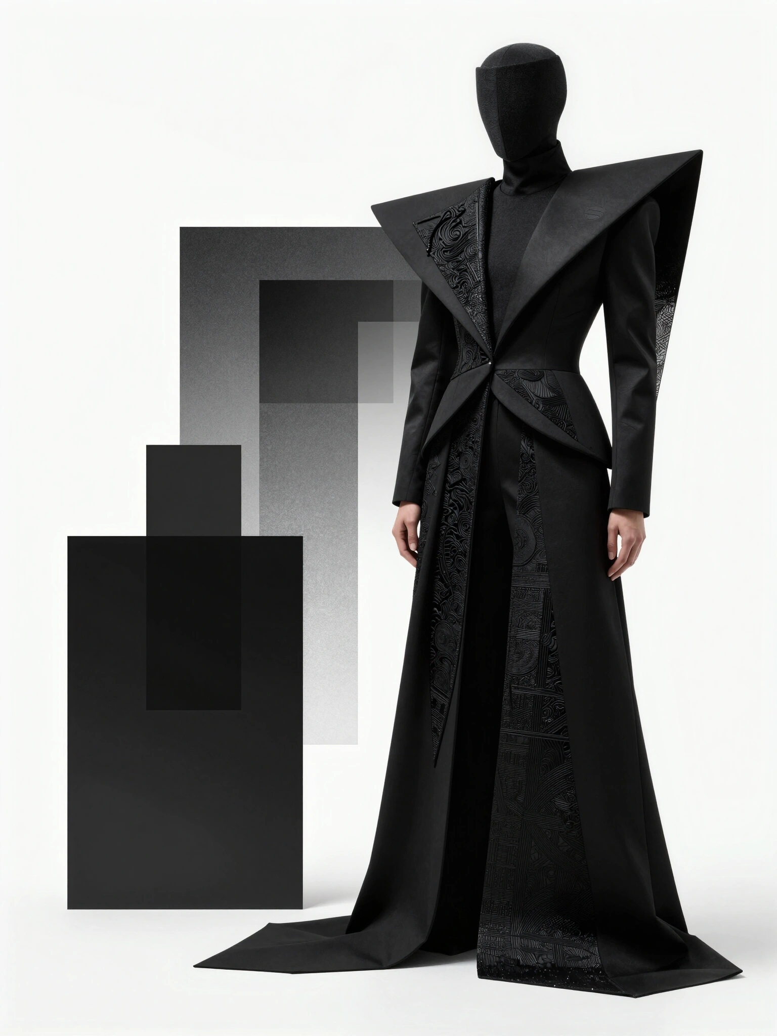 Luxury fashion mockup with avant-garde ensemble and black rectangular silhouettes