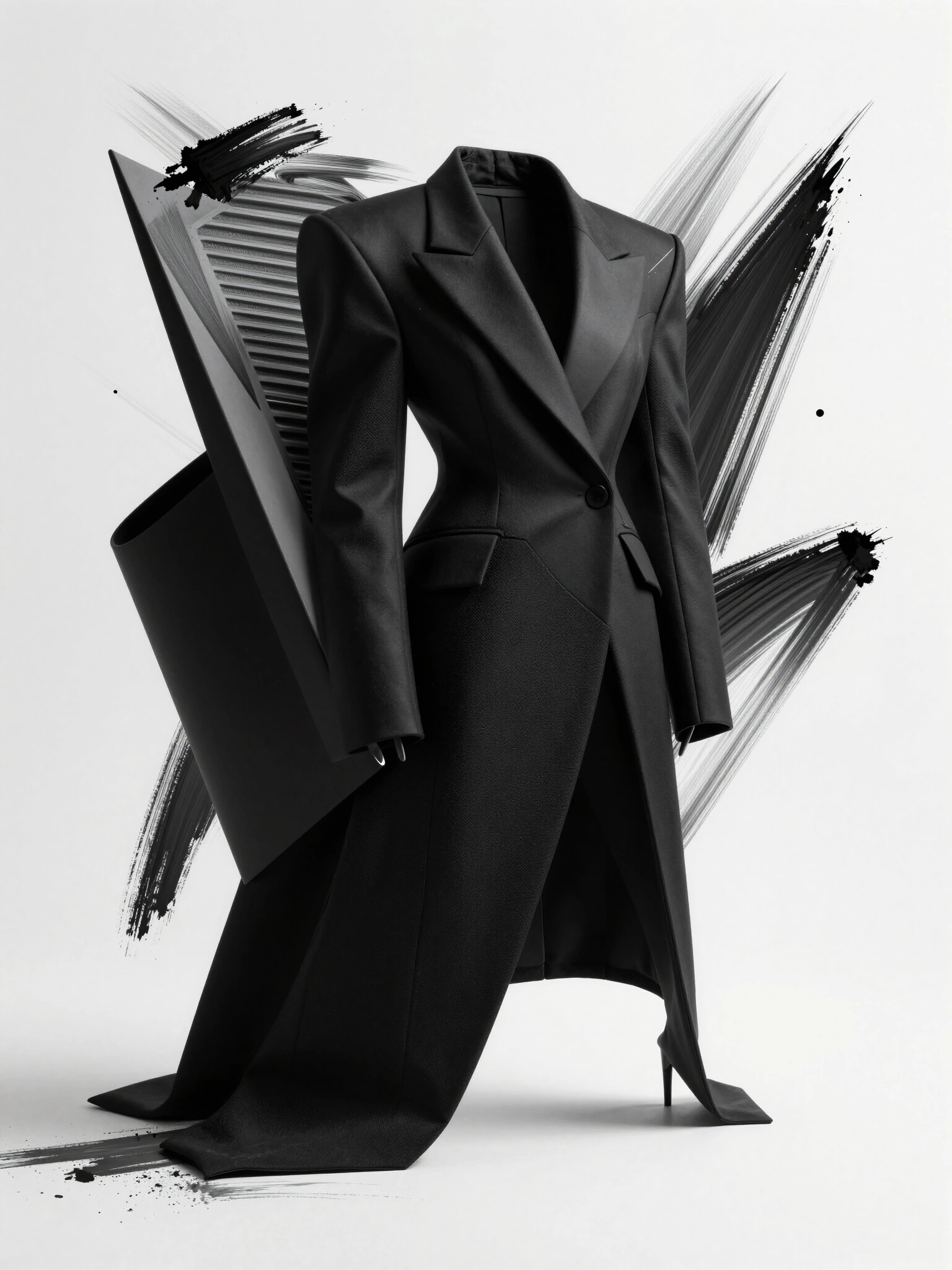 A luxury fashion product with a sleek, black, avant-garde design, featuring sharp silhouettes and abstract brushstrokes, styled against a clean white background.