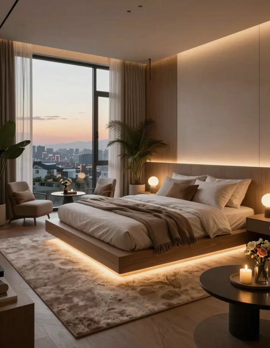 A luxurious bedroom with a floating bed, ambient LED lights, and a cozy reading nook, surrounded by plush rugs and decorative plants.
