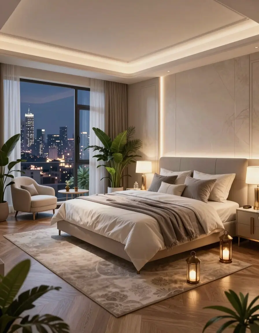 A luxurious bedroom with a large bed, seating area, and city views, decorated with a mix of modern and traditional elements and ambient lighting.