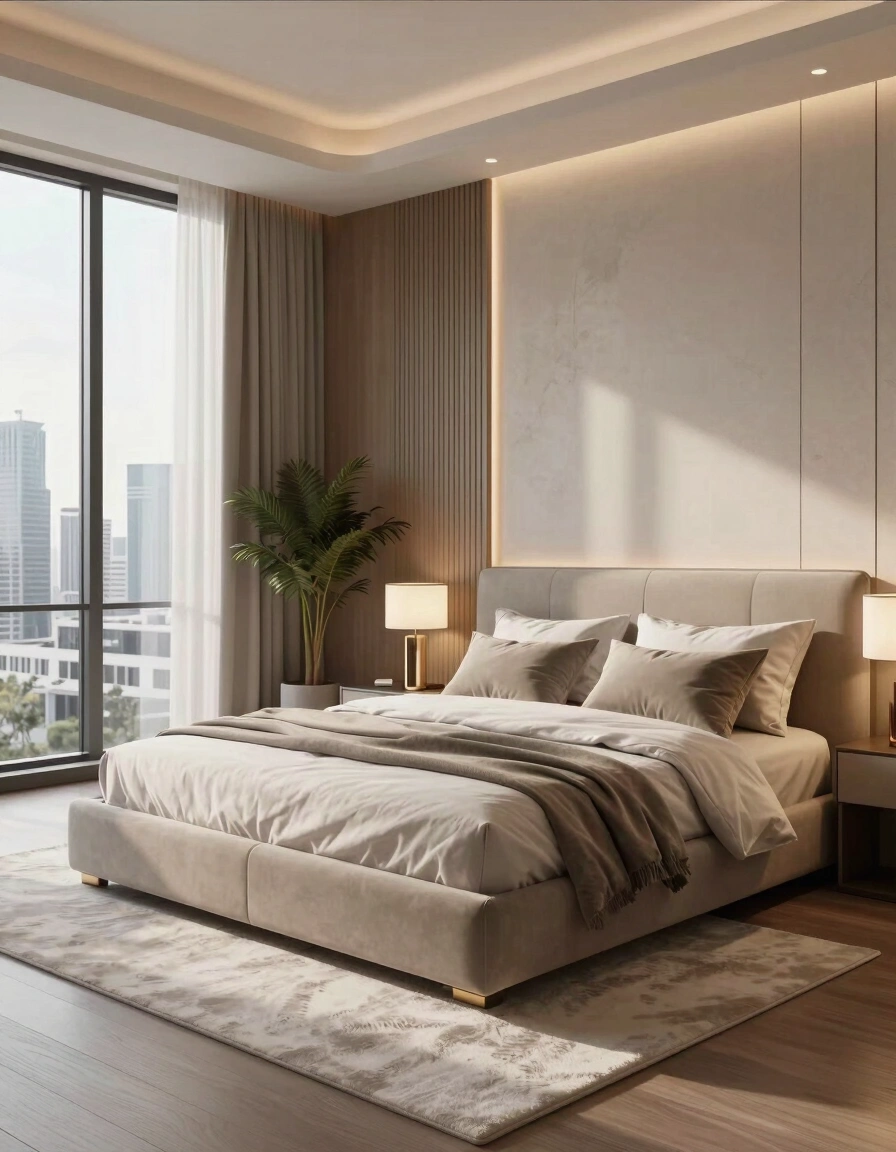 A luxurious bedroom with a large bed on a white rug, minimalist decor, and a city view through sheer-curtained windows.
