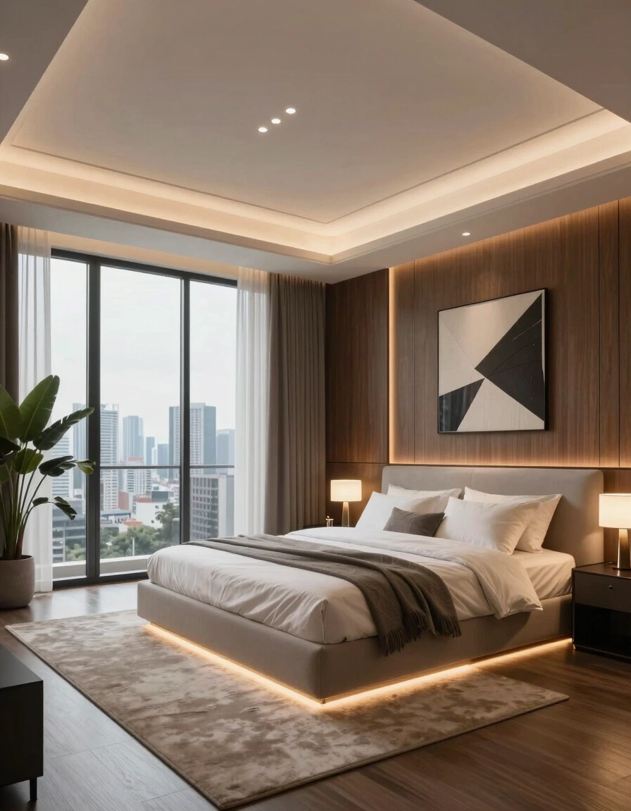 A modern bedroom with a raised bed, city view, and ambient lighting