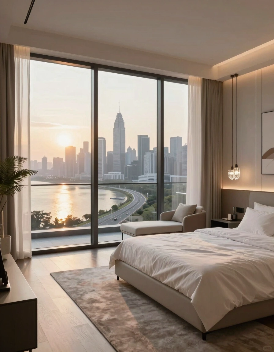 Modern bedroom interior with city view at sunrise