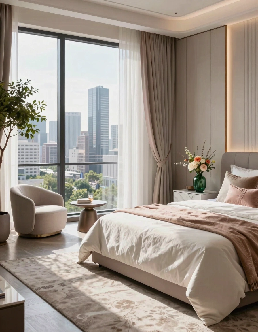 A modern bedroom with a large bed, marble nightstand, and city view through floor-to-ceiling windows.
