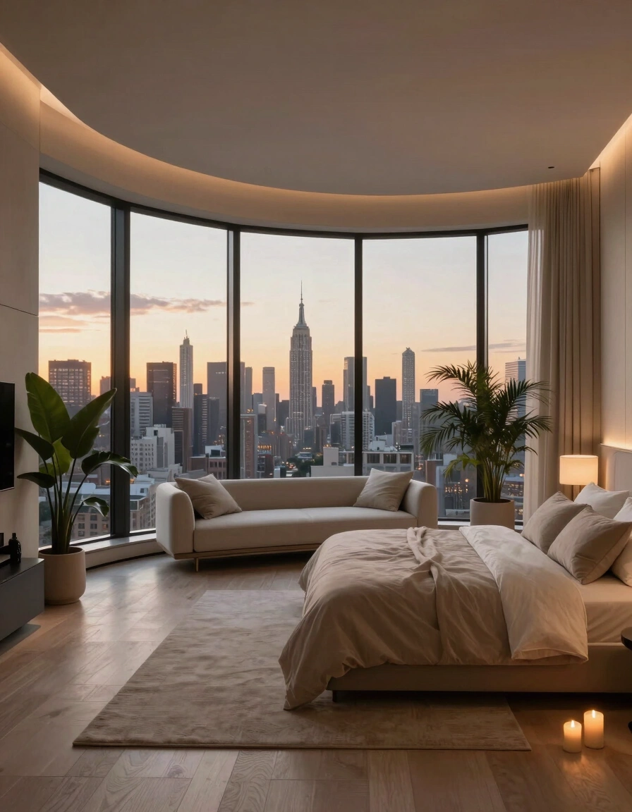 Luxury bedroom interior with curved window wall and city view at sunset