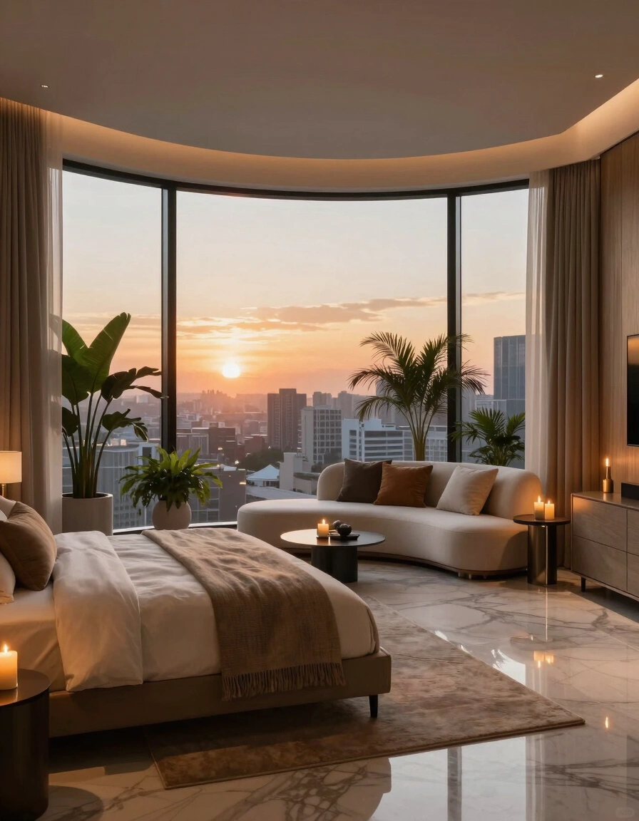 A luxurious bedroom with a curved window wall, minimalist beige furniture, and a stunning city view at sunset.