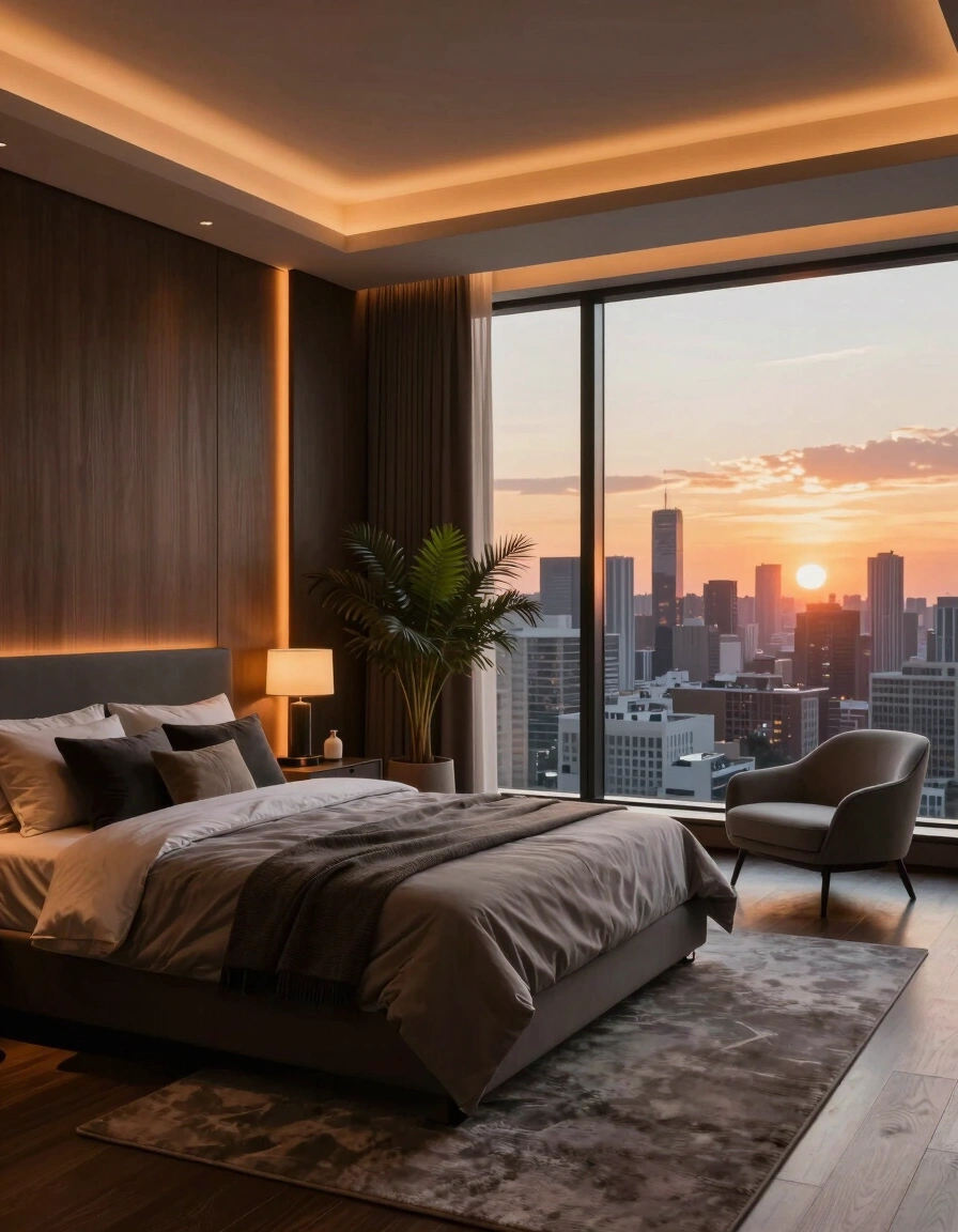 A luxurious bedroom with a city view, dark wood paneling, and warm orange lighting.