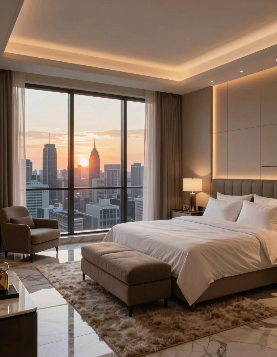 Luxurious bedroom interior with city view at sunset