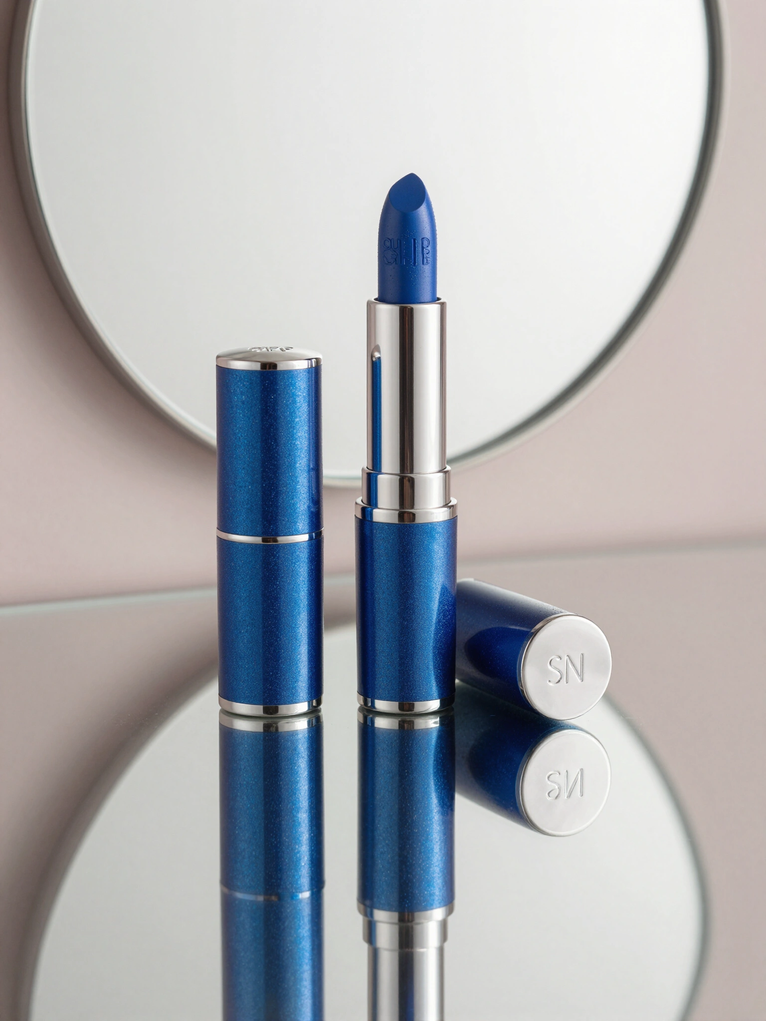 Blue lipstick product mockup with sparkly container and silver accents on a reflective surface