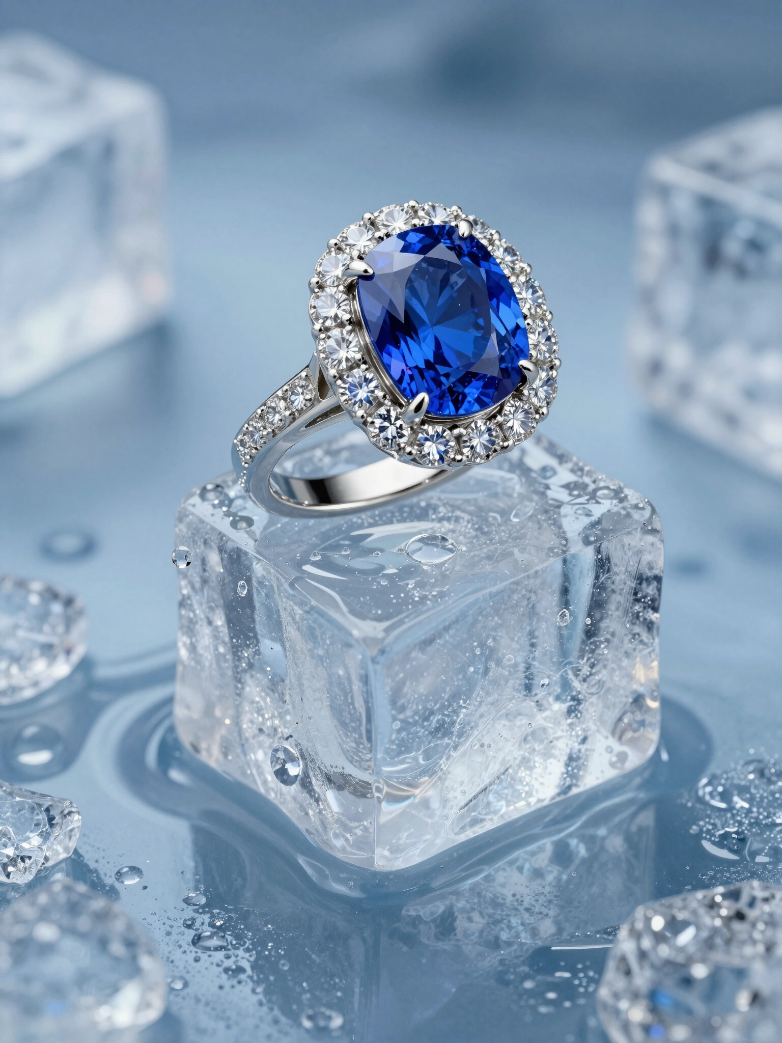 Luxury silver ring with blue sapphire and diamonds on ice cube