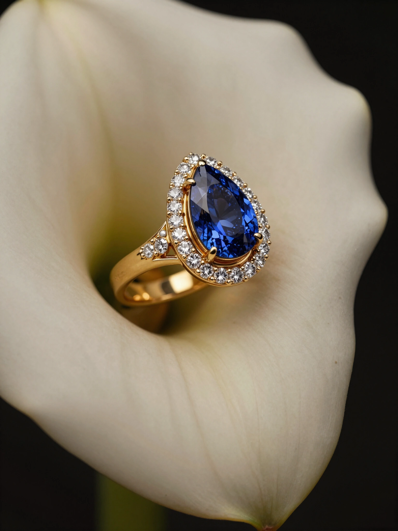 Luxurious gold ring with blue sapphires and white diamonds in a calla lily petal.