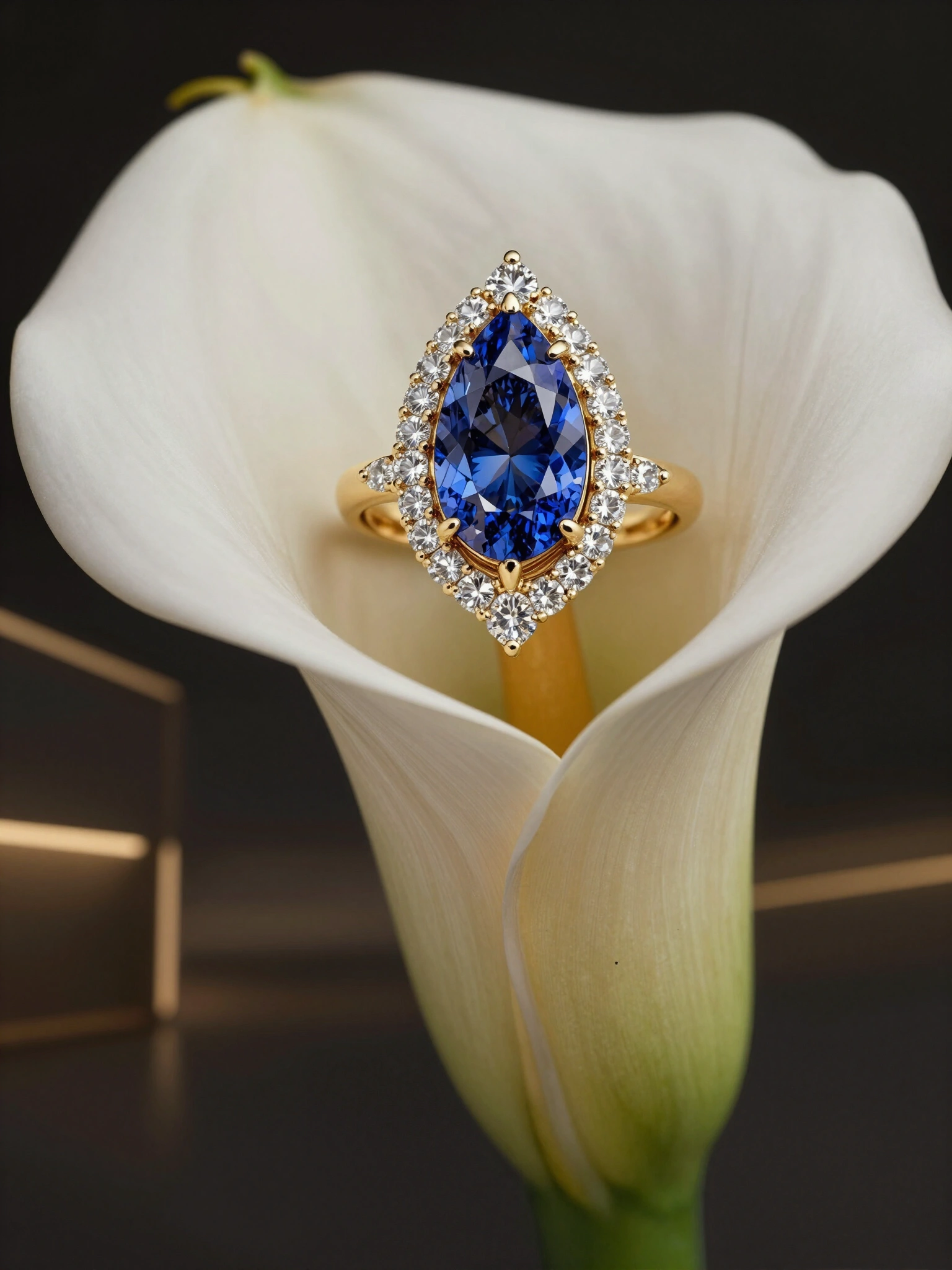 Luxury gold ring with blue sapphires and diamonds in a calla lily petal