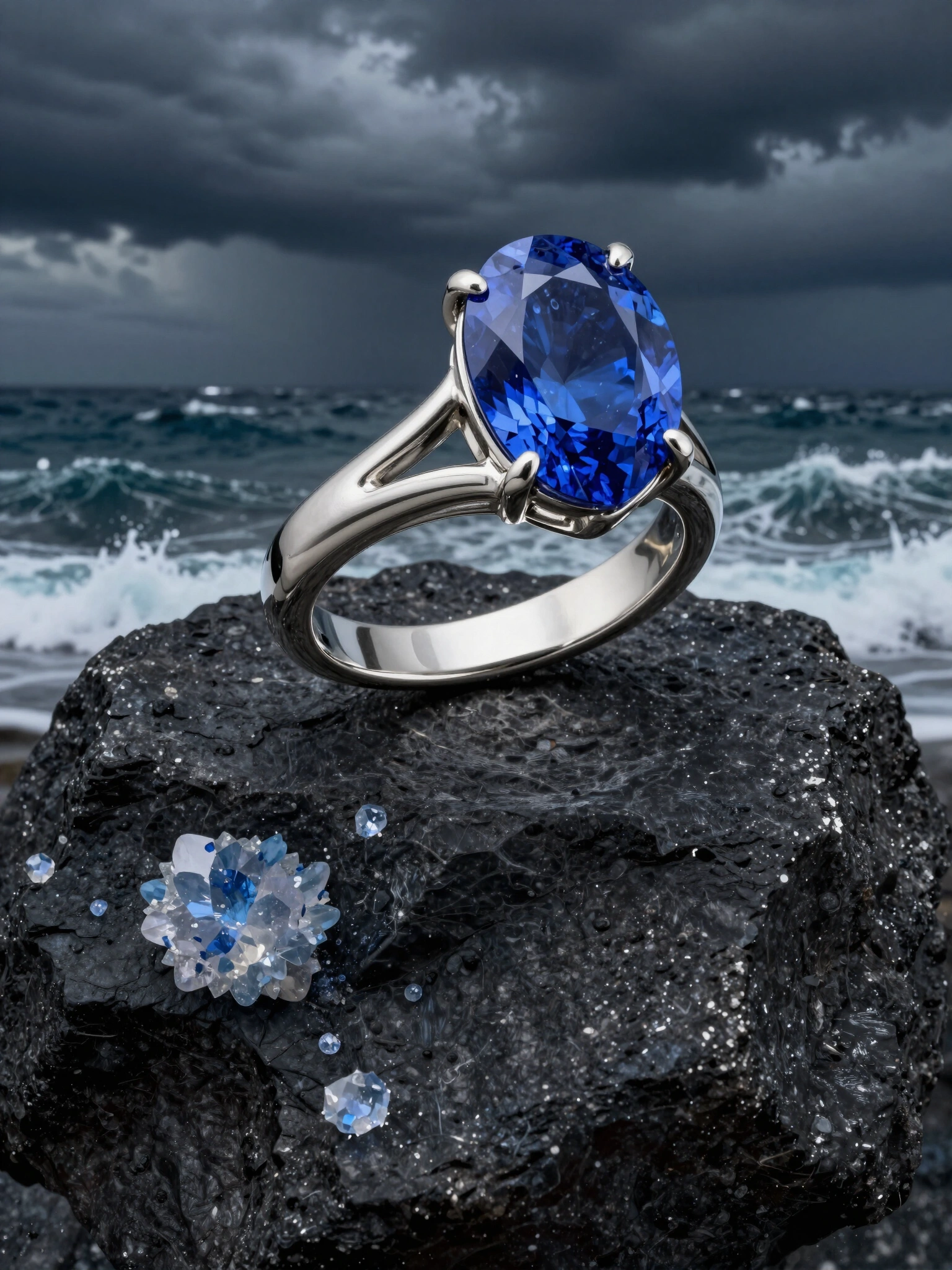 Silver ring with pear-cut blue sapphire on dark rock by the sea