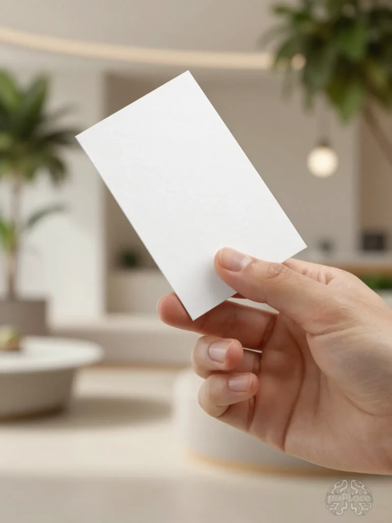 Hand holding a blank white business card in a modern indoor setting
