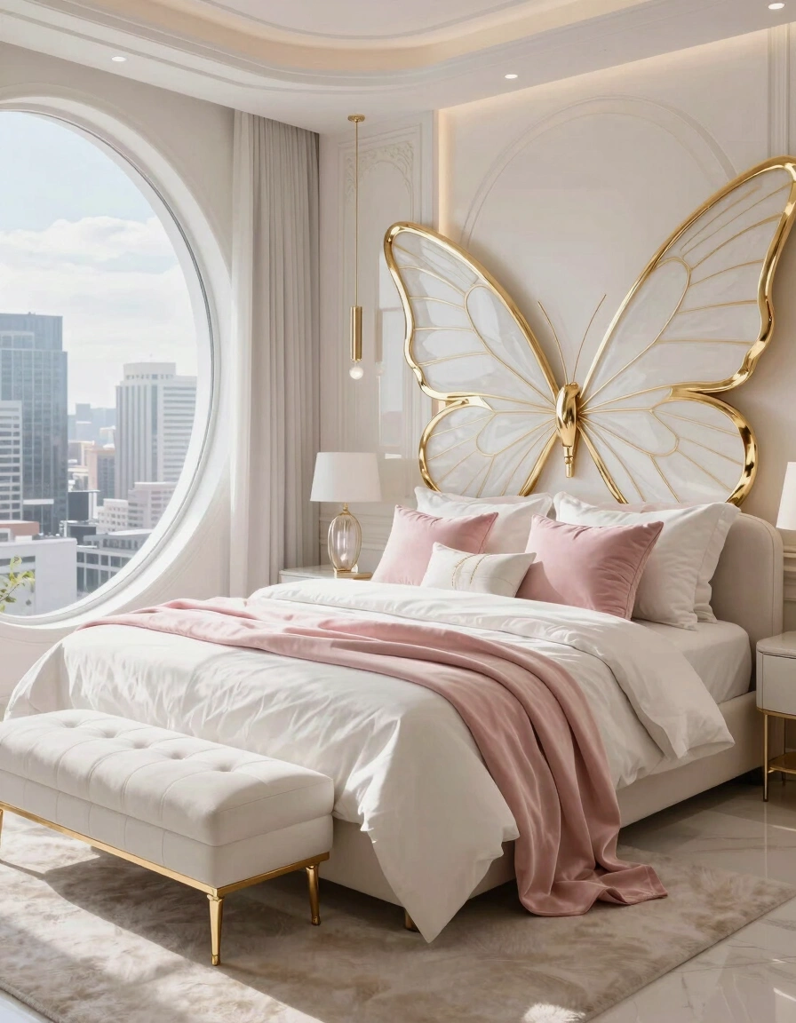 A luxurious bedroom with a butterfly headboard, pink and white bedding, and a city view through a round window.