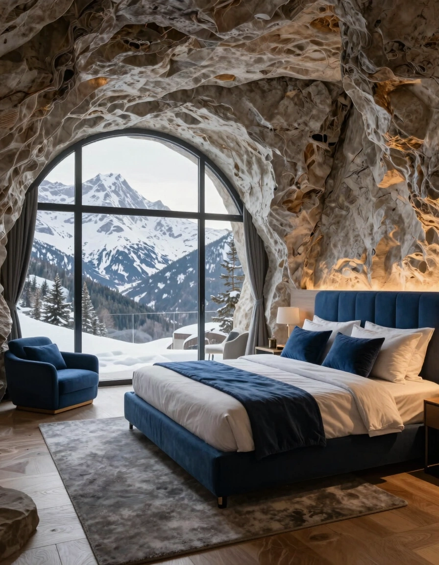 A luxurious cave bedroom with a large arched window showing a snowy mountain landscape, a blue bed, and a matching armchair.