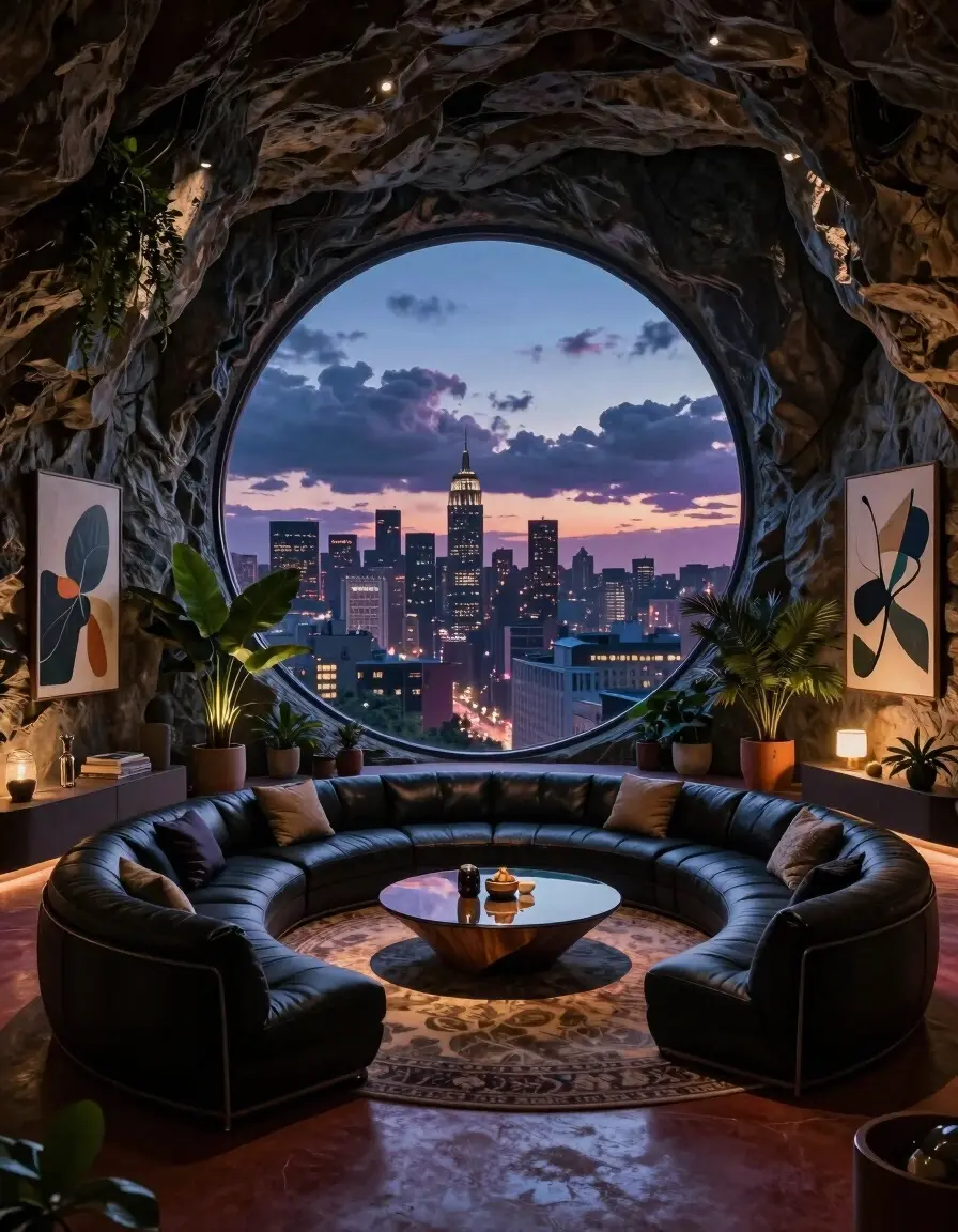 A luxurious living room with a cave-like ambiance, featuring a circular seating area and a stunning city view.
