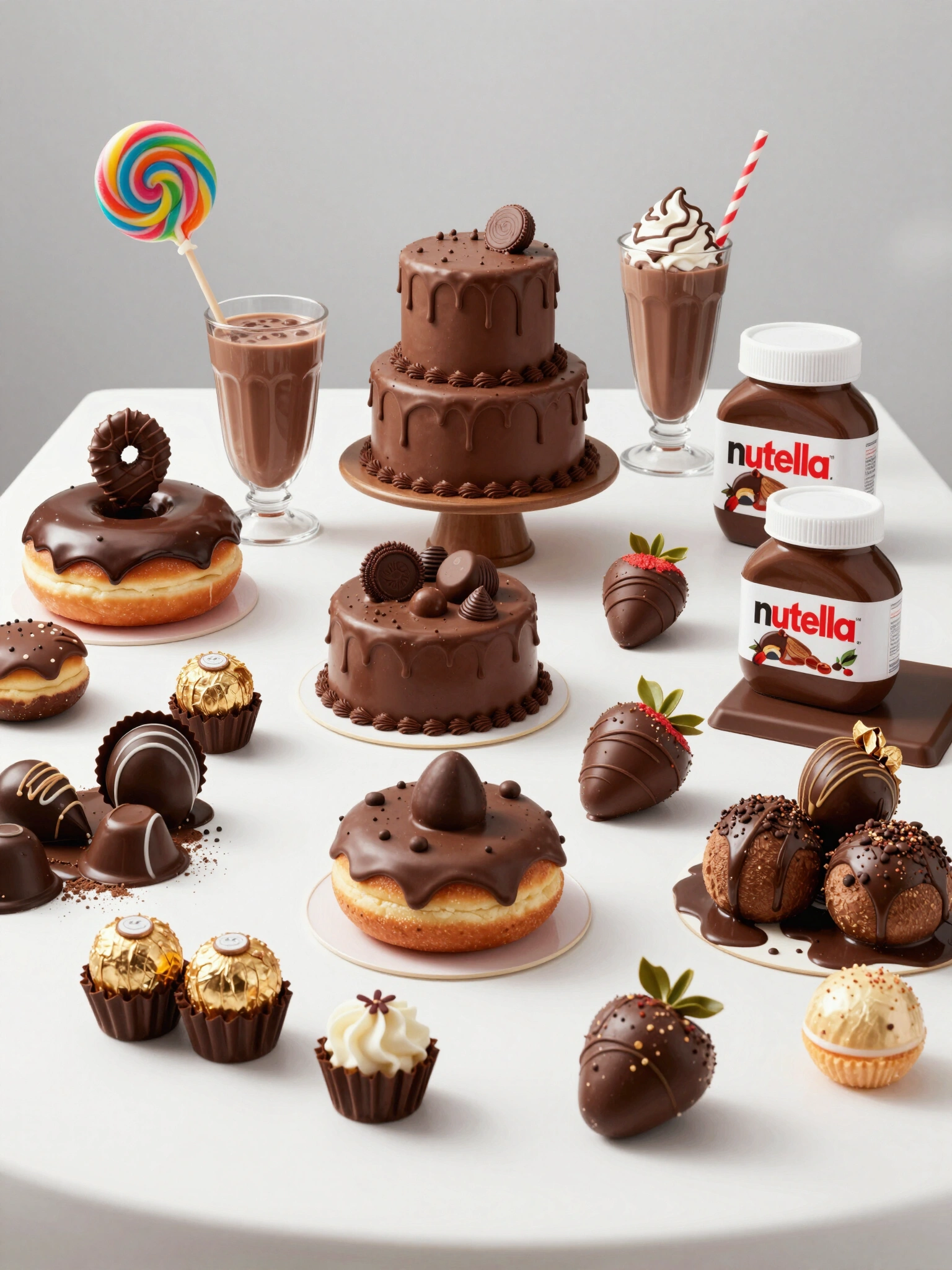 A luxurious dessert table with chocolate cakes, donuts, lollipops, and chocolate milkshakes, arranged on a white surface with a gray background.
