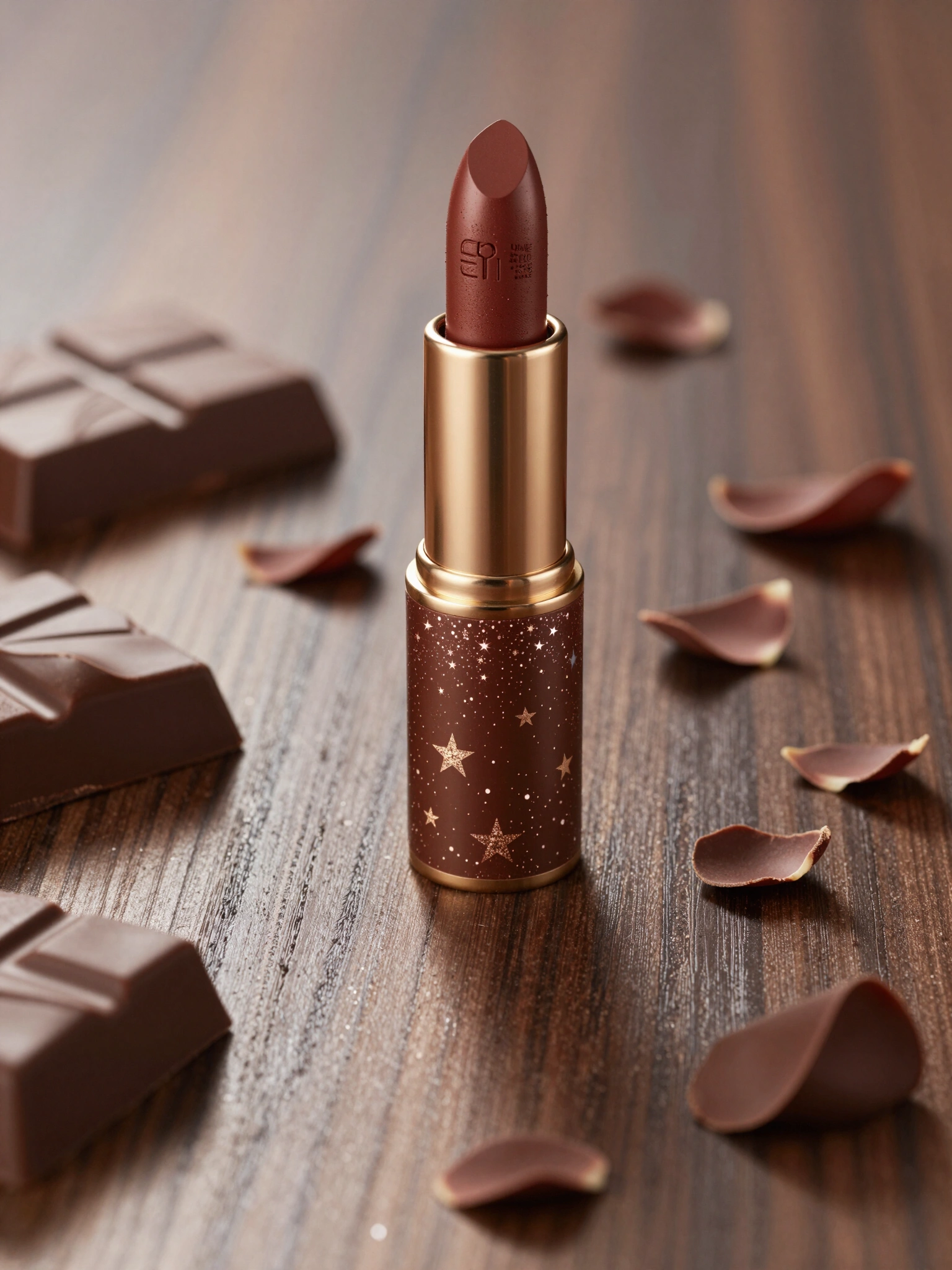 Luxury chocolate lipstick mockup with bronze bullet and glittering starry night design on dark brown wooden surface surrounded by chocolate petals and bars.