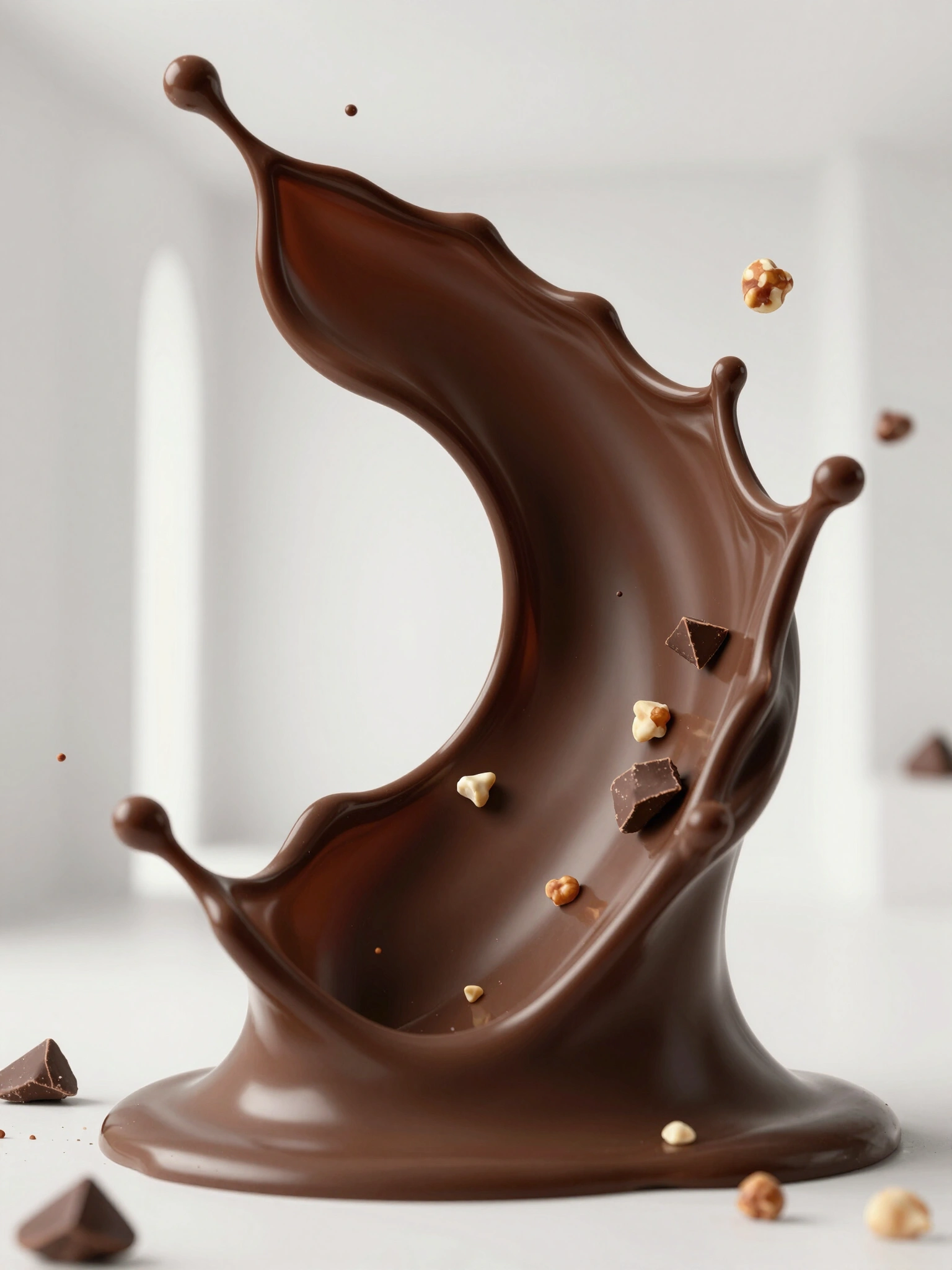 Luxurious chocolate sauce splashing in mid-air with nuts and chocolate chips, set against a white background.